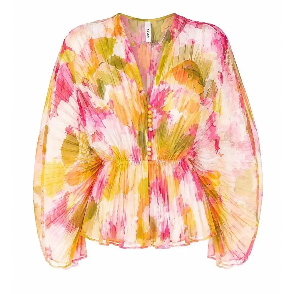 NWT Acler Abbeywood Floral Pleated Sheer Blouse Pink Multicolor US 6
